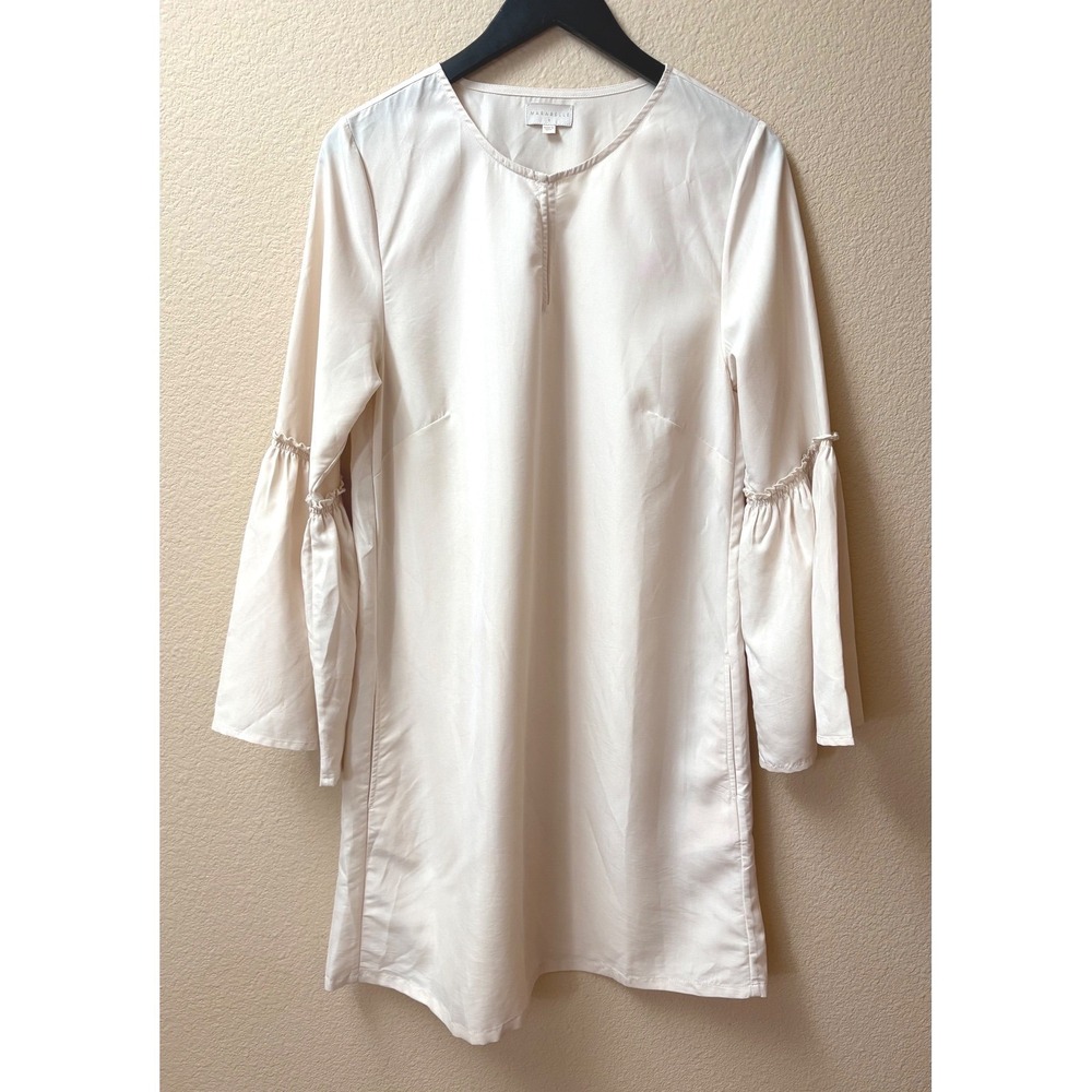 Marabelle Cream Bell Sleeve Shift Mini Dress Small Ruffle Modal Blend Keyhole